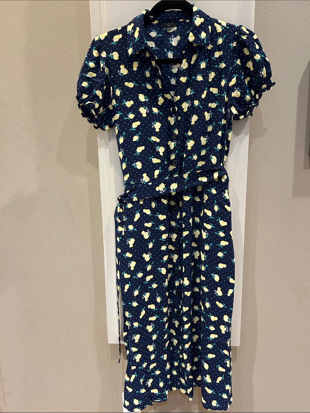 Talbots Navy Dress with Yellow Lemon Print and Belt